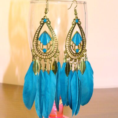 Bohemian Feather Earrings – Teal Blue