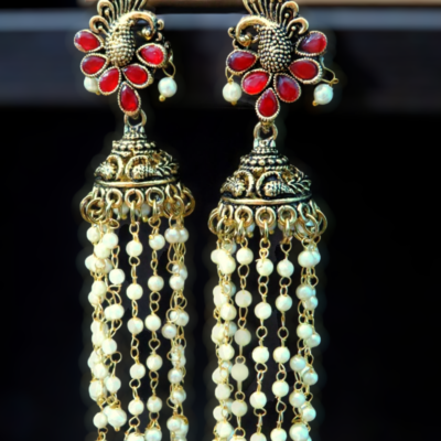 The Dangling Pearl Statement Jhumka Earrings – Ruby Red